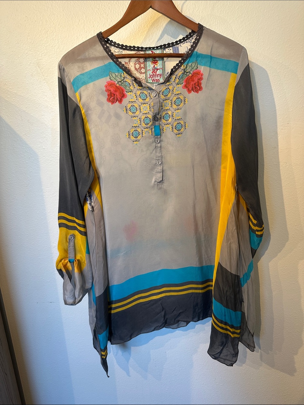 Johnny Was Sheer Embroidered Tunic in Gray, Turquoise & Yellow